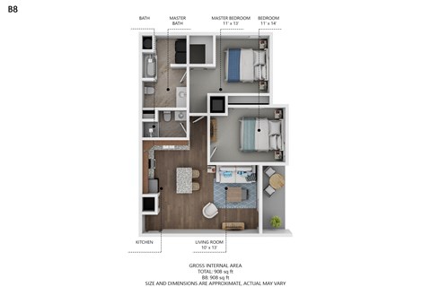 Floor plan for 2 beds, 2 baths, 908 sqft